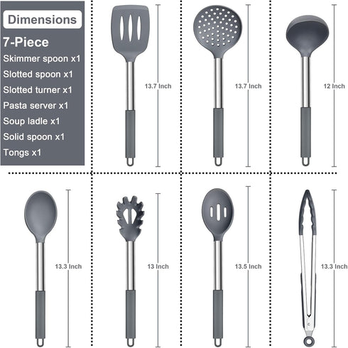 E-far Silicone Cooking Utensils Set, 7 Pcs Heat Resistant Kitchen Utensils with Stainless Steel Handle, Slotted Turner, Spoon, Soup Ladle, Pasta Server, Skimmer, Tongs for Nonstick Cookware, Gray by E-far