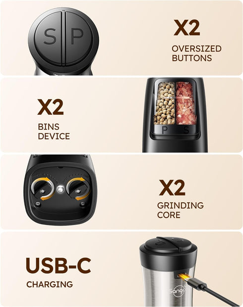 Set 2 1 Set Sangcon Electric Salt and Pepper Grinder Shakers IN - USB RECHARGEABLE Salt and Pepper Mill All in One