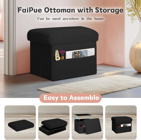 300 lbs, 17x13x13IN Small Ottoman with Storage, Folding Foot Rest Stool with Thicker Furry Padded Seat. Soft Fur