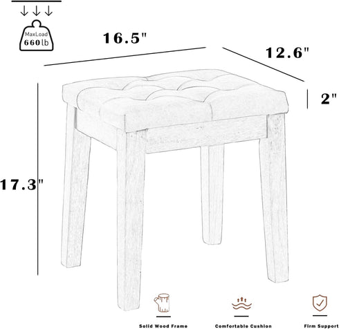 Upholstered Ottoman Stool with Padded Seat, Tufted Vanity Stool with Solid Wood Legs, Accent Stools, Faux Leather