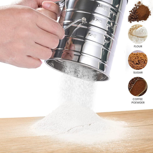 Stainless Steel Flour Sifter 3 Cups for Baking, Rotary Hand Crank Powdered Sugar Shaker and Duster