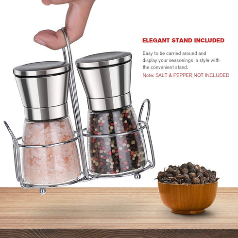 Premium Salt and Pepper Grinder Set with Stand - Stainless Steel Manual Spice Adjustable Coarseness (Pack of 2)