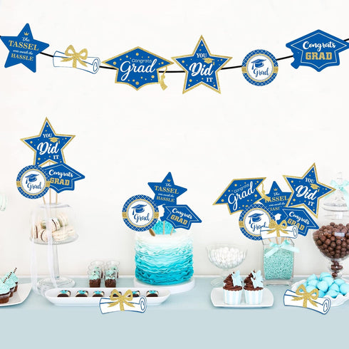 Blue and Gold Graduation Decorations Set of 24 - Class of 2025 Table Decor, Congrats Grad Party Supplies
