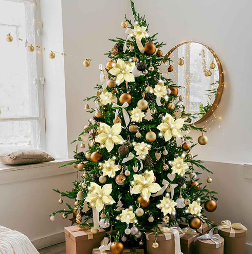 Geefuun 28PCS Christmas Tree Decorations: Gold Glitter Poinsettias Artificial Flowers Ornaments with Clips