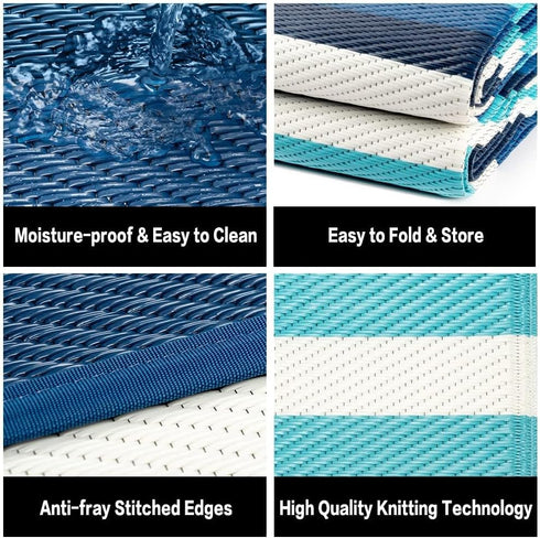 (5x8ft,Stripe/Blue&White) HUGEAR Outdoor Plastic Straw Rug, Waterproof Mat, Washable Large Floor Mat and Rug