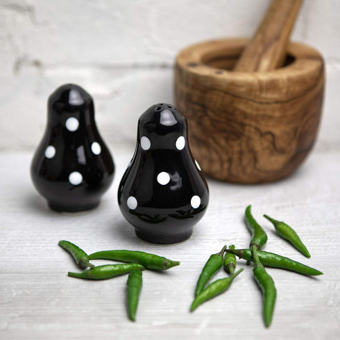 City to Cottage Ceramic Salt and Pepper Shakers Set, Handcrafted Black and White Polka Dot Spice Shakers