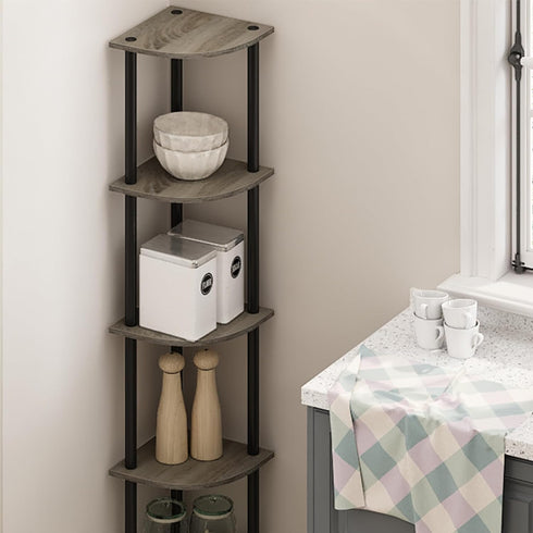 Furinno Turn-N-Tube 5 Tier Corner Display Rack, Multipurpose Shelving Unit, 1-Pack, French Oak Grey/Black