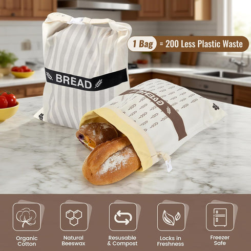 sornivra 2 Pack Reusable Beeswax Bread Bags for Sourdough & Homemade Bread, XL Cotton Storage Bag to Keep Loaves Fresh