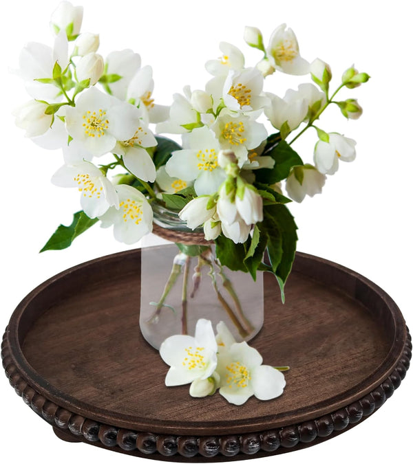 Hodeframe Wooden Serving Tray: 12in Brown Round Wood Butler Decorative Tray Candle Holder