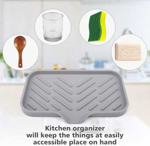 Silicone Kitchen Sink Tray Soap Dish Holder with Built-in Drain Lip, Large Countertop Organizer for Dish Soap/Sponge