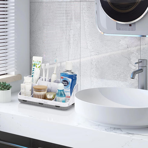 Marble Bathroom Countertop Organizer - Detachable 7 Slots for Kids Electric Toothbrush and Toothpaste Holder, Grey