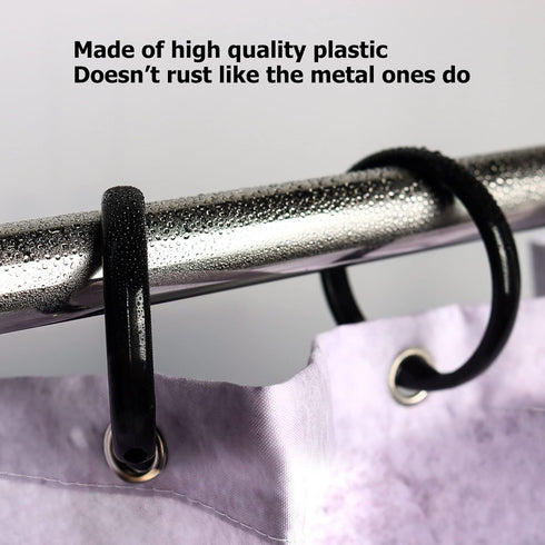 Premium Plastic Shower Curtain Rings - Easy Snap Closure Shower Curtain Hooks, O Shape, Black, 12Pcs