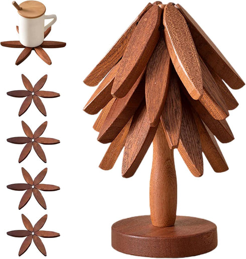 OFCTE Wooden Trivets for Hot Dishes, Tree Shape Trivet Set, 4 Walnut Wood