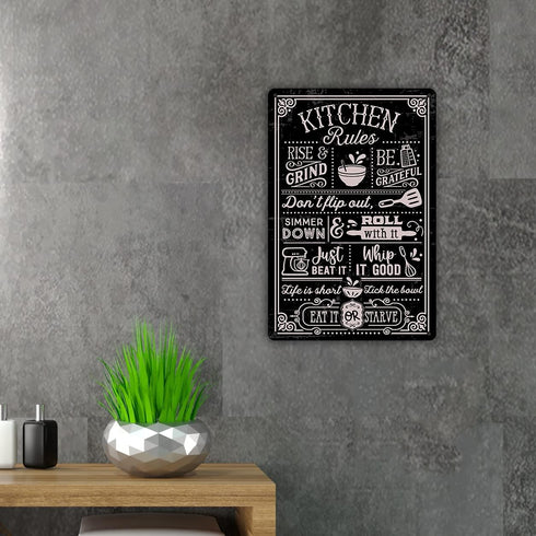 QIONGQI Funny Kitchen Quote Metal Tin Sign, Wall Decor Kitchen Rules Sign for Home Kitchen Coffee Shop Gifts