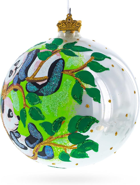 Panda Bears on Tree Branch Glass Ball Christmas Ornament, 4 Inches