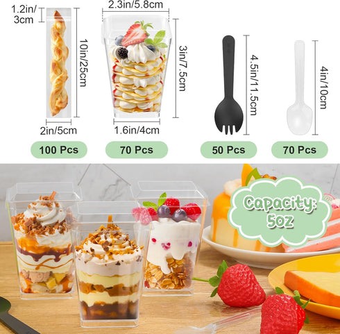 290 Pack 5 oz Plastic Dessert Cups with Lids, Clear Appetizer Cups with Spoons Square Mini Shooter Dessert Fruits Cups