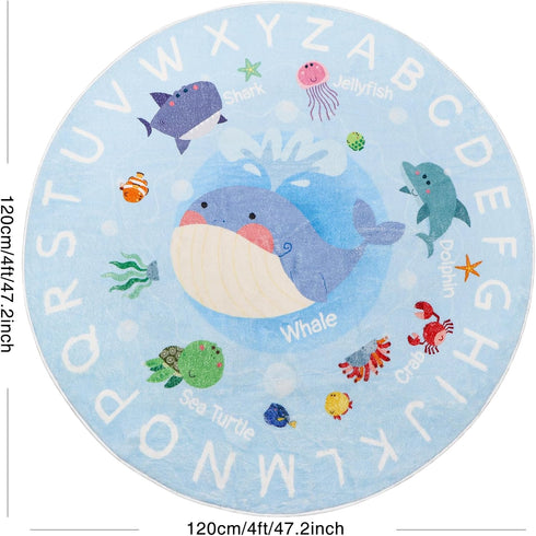Room,4 Soft Round ABC Rug for Kids ft Washable Circle Nursery Rug,Non-Slip Whale Alphabet Baby Kids Rug Carpet
