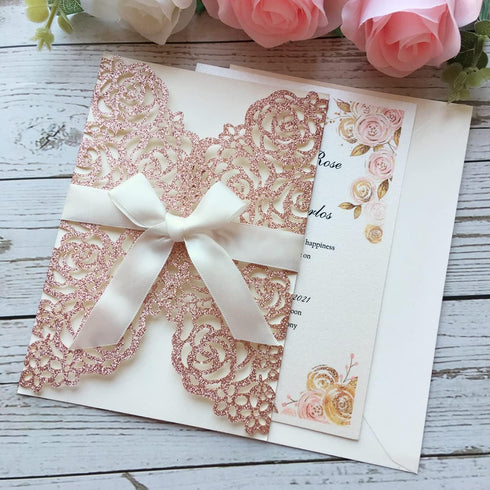 20PCS 5.12 x 7.28'' Laser Cut Wedding Invitations Cards with Envelopes, Hollow Rose Pocket with Bowknot for Bridal