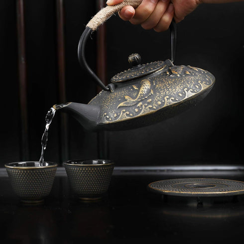 Set 4 Set, 26 oz Ufine Koi Fish Cast Iron Teapot Stove Top Tea Kettle with Cups Japanese Style Tetsubin Tea Gift