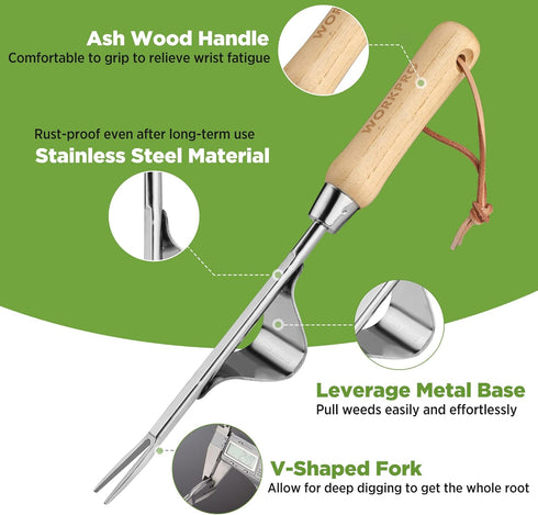 WORKPRO Weed Puller Tool, Heavy Duty Stainless Steel with Metal Leverage Base and V-Shaped Forks for Easy Weed Removal
