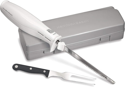 Hamilton Beach Electric Knife Set for Carving Meats, Poultry, Bread, 5Ft Cord, White, Storage Case + Fork Included