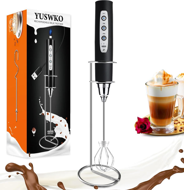 YUSWKO Black Handheld Milk Frother Wand with Stand, Rechargeable Electric Whisk with 3 Heads, 3 Speeds Drink Mixer