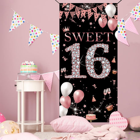 Sweet 16 Birthday Door Banner Backdrop, Happy 16th Birthday Decorations for Girls, Rose Gold, 6.1ft x 3ft