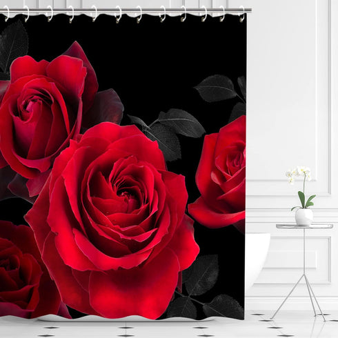 LIVILAN Red Shower Curtain for Bathroom, Black and Red Rose Shower Curtain with Hooks, 72" W x 84" H