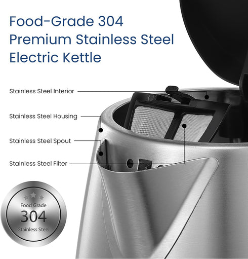 COMFEE' Stainless Steel Electric Kettle, 1.7 Liter Hot Water Kettle, 1500W Fast Boil with Auto Shut-Off