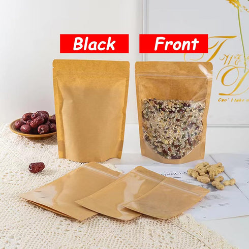 100 PCS Stand Up Pouches, 4 x 6 inch Kraft Paper Food Bags with Clear Window, Reusable Ziplock Storage Bags for Foods