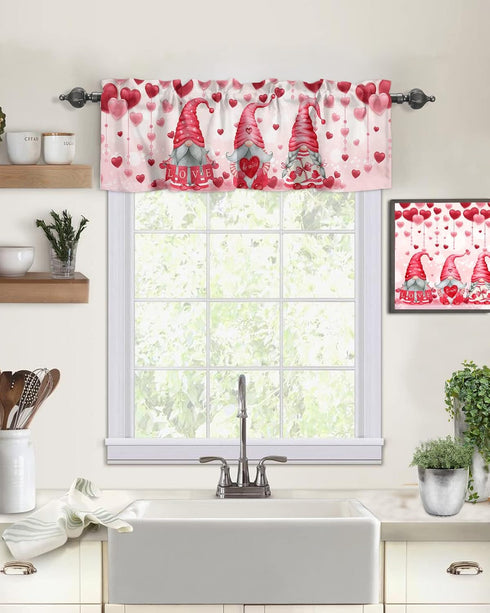 ALAGEO Valentines Valances Window Curtain, Pink Gnomes Kitchen Valances, Rod Pocket Love Heart Balloon Short Topper, 54