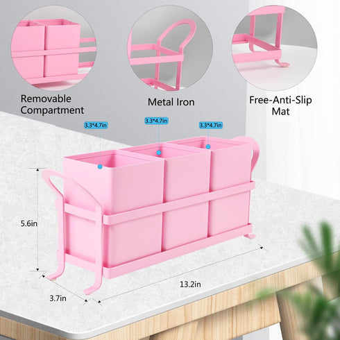 Metal Silverware Caddy - 3 Compartment Utensil Holder with Metal Rack, Flatware Cutlery Organizer for Countertop, Pink