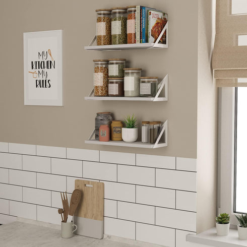 Wallniture Minori Washed White Floating Shelves for Wall Storage, Set of 3 Wood Bathroom Shelves with White Brackets