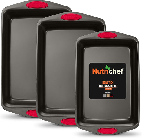 NutriChef 3-Piece Baking Pan Set, Premium Nonstick Carbon Steel Bakeware with Silicone Handles