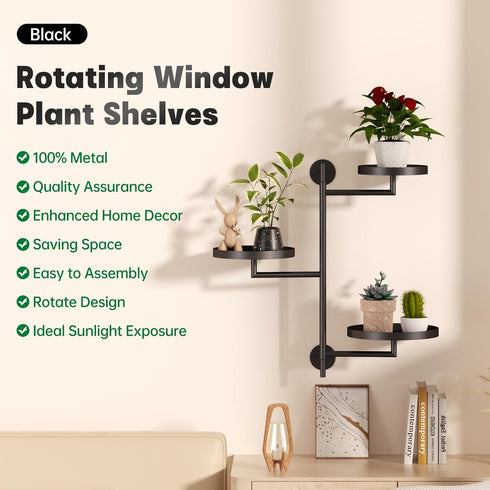 3-Tier YQSLYSF Window Rotating Plant Stand Shelf Indoor Black Metal Floating Shelves Wall Mount Plant Holders