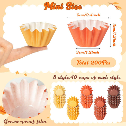 R HORSE 200Pcs Fall Mini Cupcake Liners Baking Cups, Thanksgiving Grease-resistant Mini Size Cupcake Cups for Baking, Heavy Duty Paper Muffin Baking Cups for Fall Autumn Thanksgiving Halloween Party by R HORSE