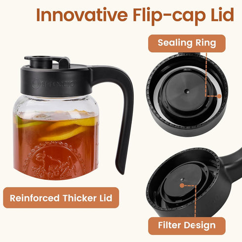 64 oz Mason Jar Pitcher with Tea Filter, Airtight & Leakproof Glass Pitcher with Lid, Sun Tea Glass Jar for Outside