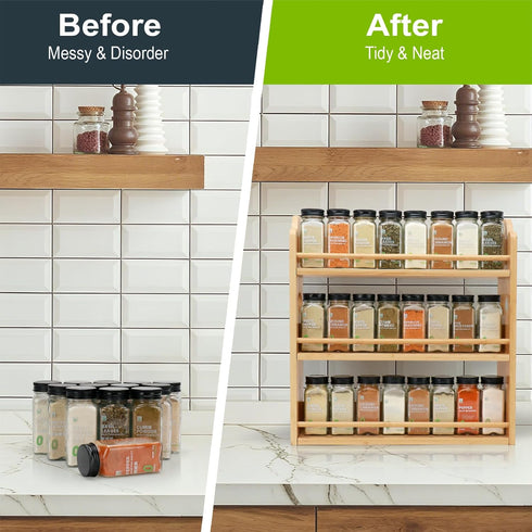 3 Counter Tier Bamboo Spice Rack, Spice Rack Organizer, Seasoning Jars Rack Shelf Spice Organizer for Kitchen or Wall