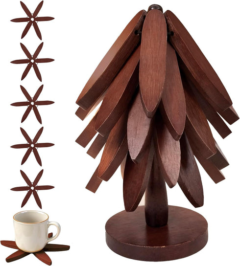 Buanson Wooden Tree Trivets for Hot Dishes, Foldable Kitchen Wooden Trivet for Pan,