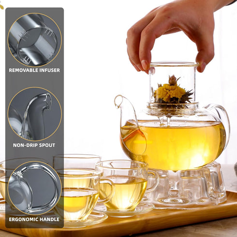 Set, 34OZ/1000ML 5oz/150ML Set 4, Set Glass Teapot Glass Tea Kettle with Loose Tea Infuser & Warmer, Tea Cup & Saucer