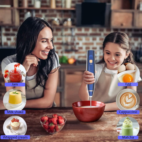 Milk Frother Handheld Foam Maker with 2 Stainless Stirring Head 3 Speed Rechargeable Electric Blender Milk Frother Wand Drink Mixer for Cappuccino Matcha Latte Hot Chocolate Protein Powder Egg (Blue) by ENJOYCOOL