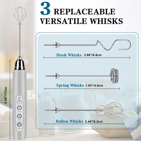 Milk Frother Handheld for Coffee, Electric Whisk 3 Speed Adjustable, Drink Mixer with 3 Stainless Whisks, Rechargeable