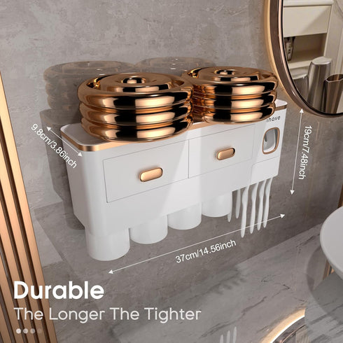 4 iHave Toothbrush Holders Wall Mounted with Toothpaste Dispenser & Cups - Premium White and Gold Design for Bathroom