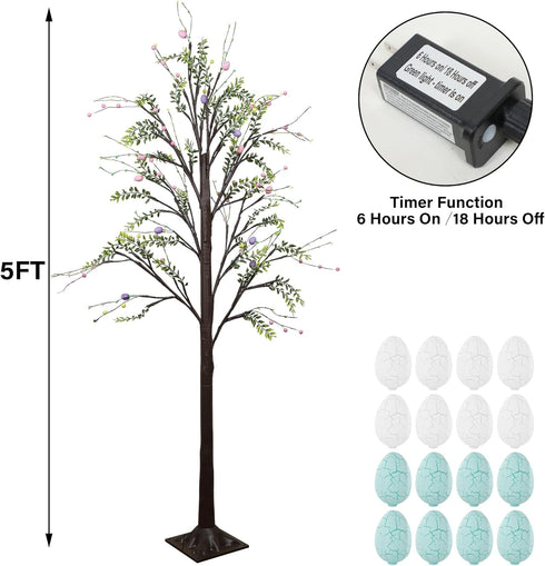 5FT DR.DUDU Lighted Easter Tree with Timer, Easter Decorations for Home & Porch, Pre-Lit Egg Trees with LED Lights