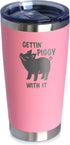 Bevvee Gettin Piggy Insulated Coffee Tumbler Cup, Stainless Steel Mug with Sliding Lid, Pig Themed Coffee Gifts (Pink)