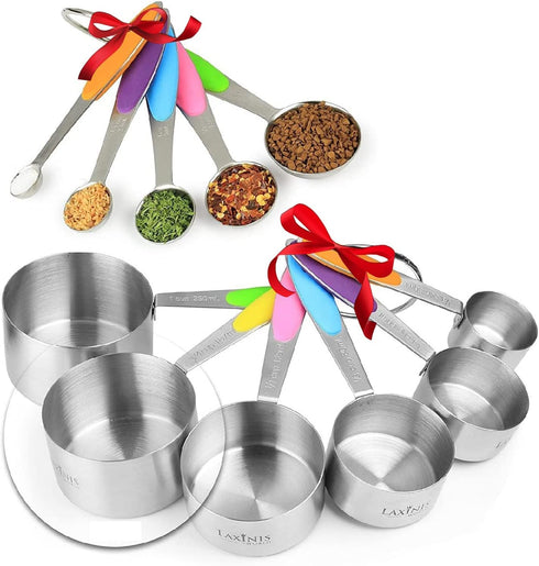 New Version! 11 Piece Measuring Cups and Spoons Set by Laxinis World - Stainless Steel with Silicone Handles