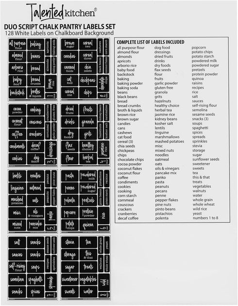 Talented Kitchen 128-Piece Chalkboard Pantry Labels for Containers - 2 x 3 in Black, Water-Resistant Preprinted White