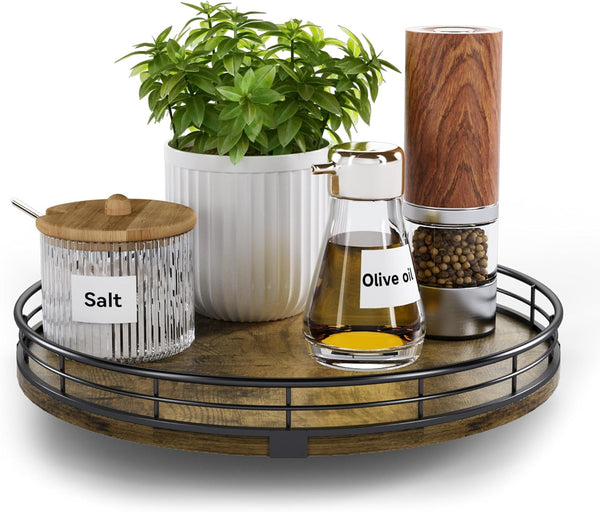 Farmhouse 10" Lazy Susan Turntable Organizer, Round Wooden Storage for Table Top, Kitchen, Bathroom Vanity Tray