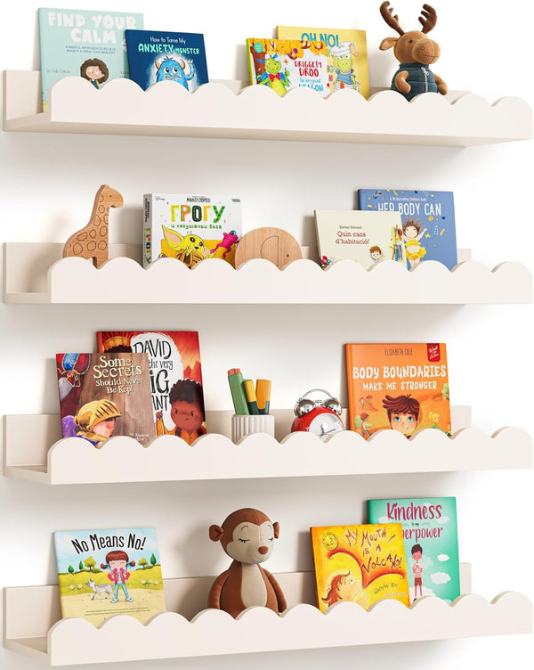 Seocry Scalloped Wall Bookshelves for Nursery, Floating Wooden Book Shelves for Kids Room,