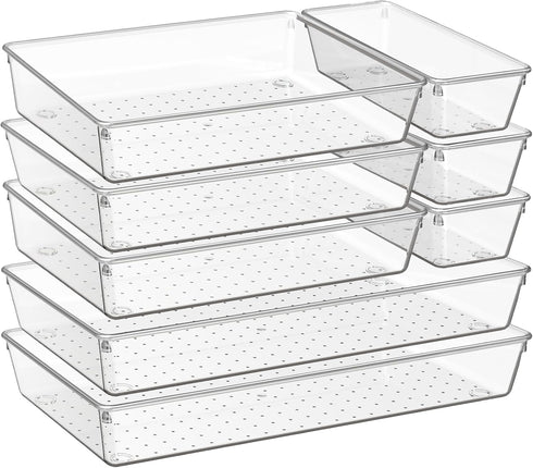 Criusia 8 Pack Large Clear Plastic Drawer Organizer Trays - BPA-Free Acrylic Storage Bins for Bathroom, Kitchen,